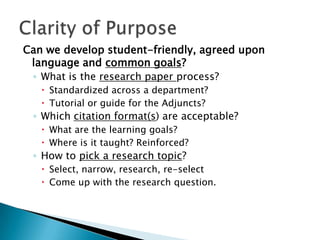 Can we develop student-friendly, agreed upon
language and common goals?
◦ What is the research paper process?
 Standardized across a department?
 Tutorial or guide for the Adjuncts?

◦ Which citation format(s) are acceptable?
 What are the learning goals?
 Where is it taught? Reinforced?

◦ How to pick a research topic?
 Select, narrow, research, re-select
 Come up with the research question.

 