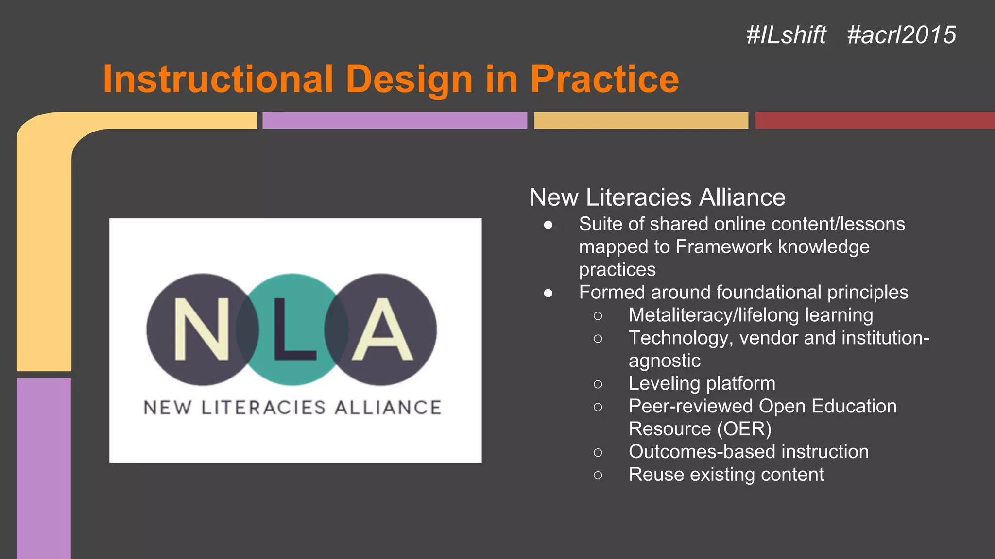 Instructional Design in Practice
New Literacies Alliance
● Suite of shared online content/lessons
mapped to Framework knowledge
practices
● Formed around foundational principles
○ Metaliteracy/lifelong learning
○ Technology, vendor and institution-
agnostic
○ Leveling platform
○ Peer-reviewed Open Education
Resource (OER)
○ Outcomes-based instruction
○ Reuse existing content
#ILshift #acrl2015
 