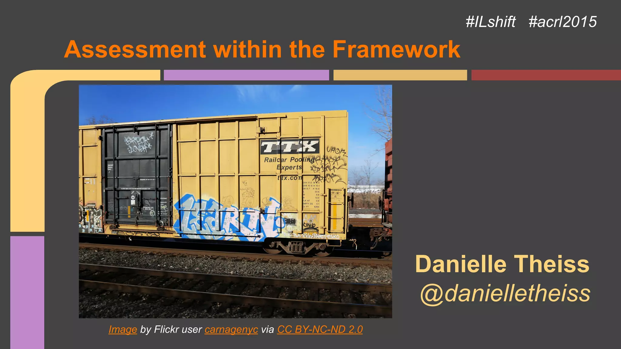 Assessment within the Framework
Image by Flickr user carnagenyc via CC BY-NC-ND 2.0
#ILshift #acrl2015
Danielle Theiss
@danielletheiss
 