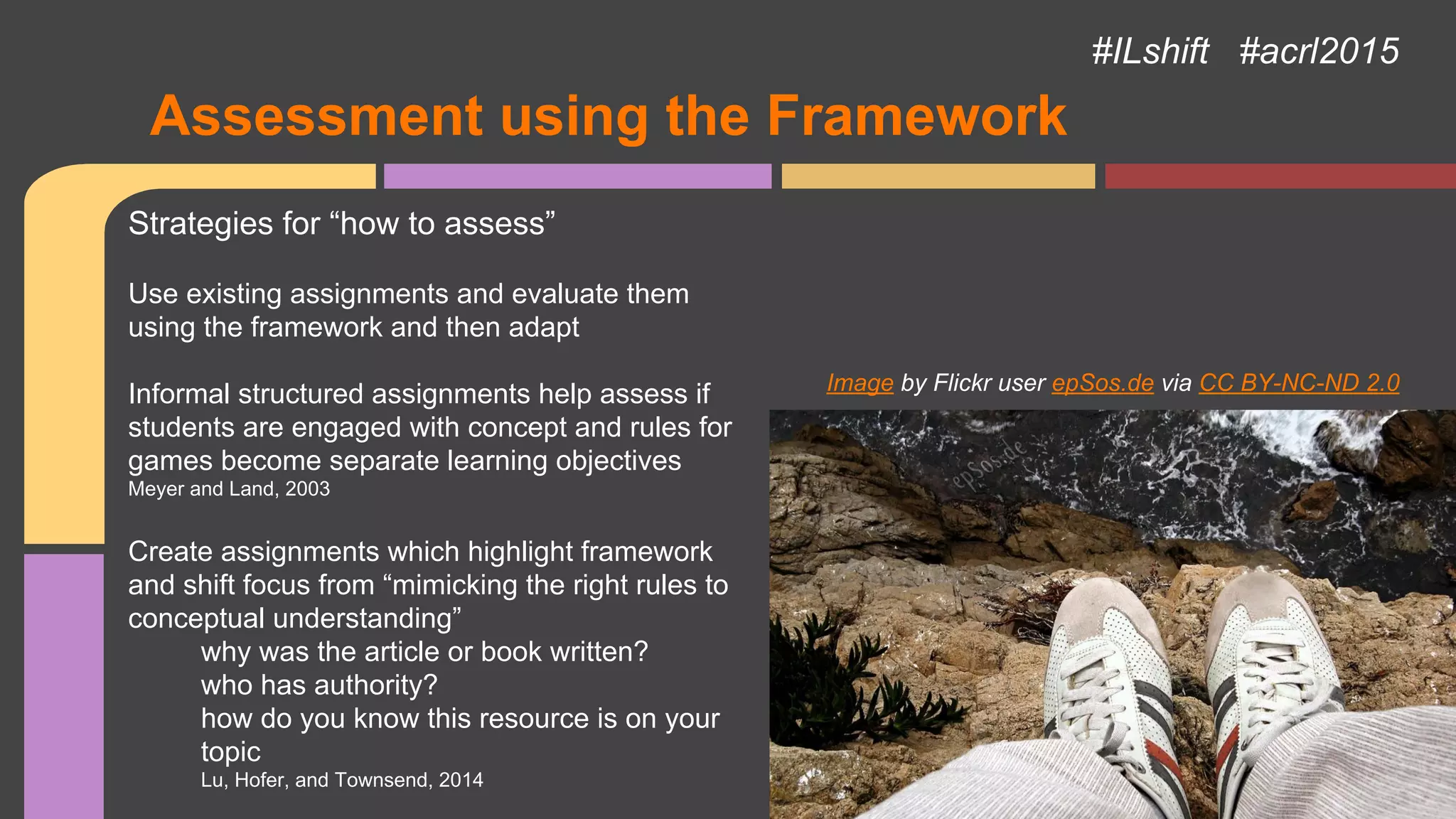 Assessment using the Framework
Image by Flickr user epSos.de via CC BY-NC-ND 2.0
Strategies for “how to assess”
Use existing assignments and evaluate them
using the framework and then adapt
Informal structured assignments help assess if
students are engaged with concept and rules for
games become separate learning objectives
Meyer and Land, 2003
Create assignments which highlight framework
and shift focus from “mimicking the right rules to
conceptual understanding”
why was the article or book written?
who has authority?
how do you know this resource is on your
topic
Lu, Hofer, and Townsend, 2014
#ILshift #acrl2015
 