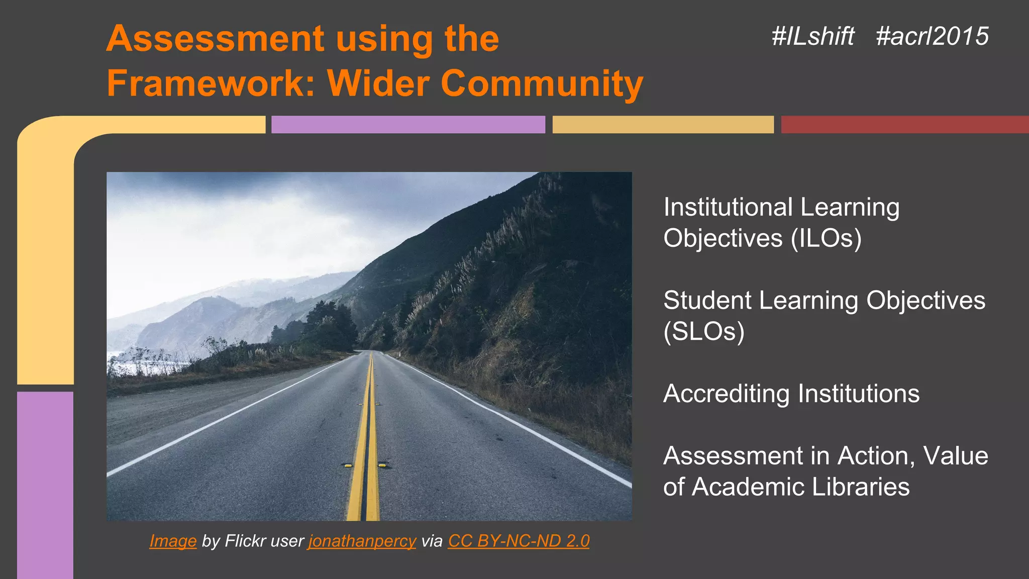 Image by Flickr user jonathanpercy via CC BY-NC-ND 2.0
Institutional Learning
Objectives (ILOs)
Student Learning Objectives
(SLOs)
Accrediting Institutions
Assessment in Action, Value
of Academic Libraries
#ILshift #acrl2015Assessment using the
Framework: Wider Community
 