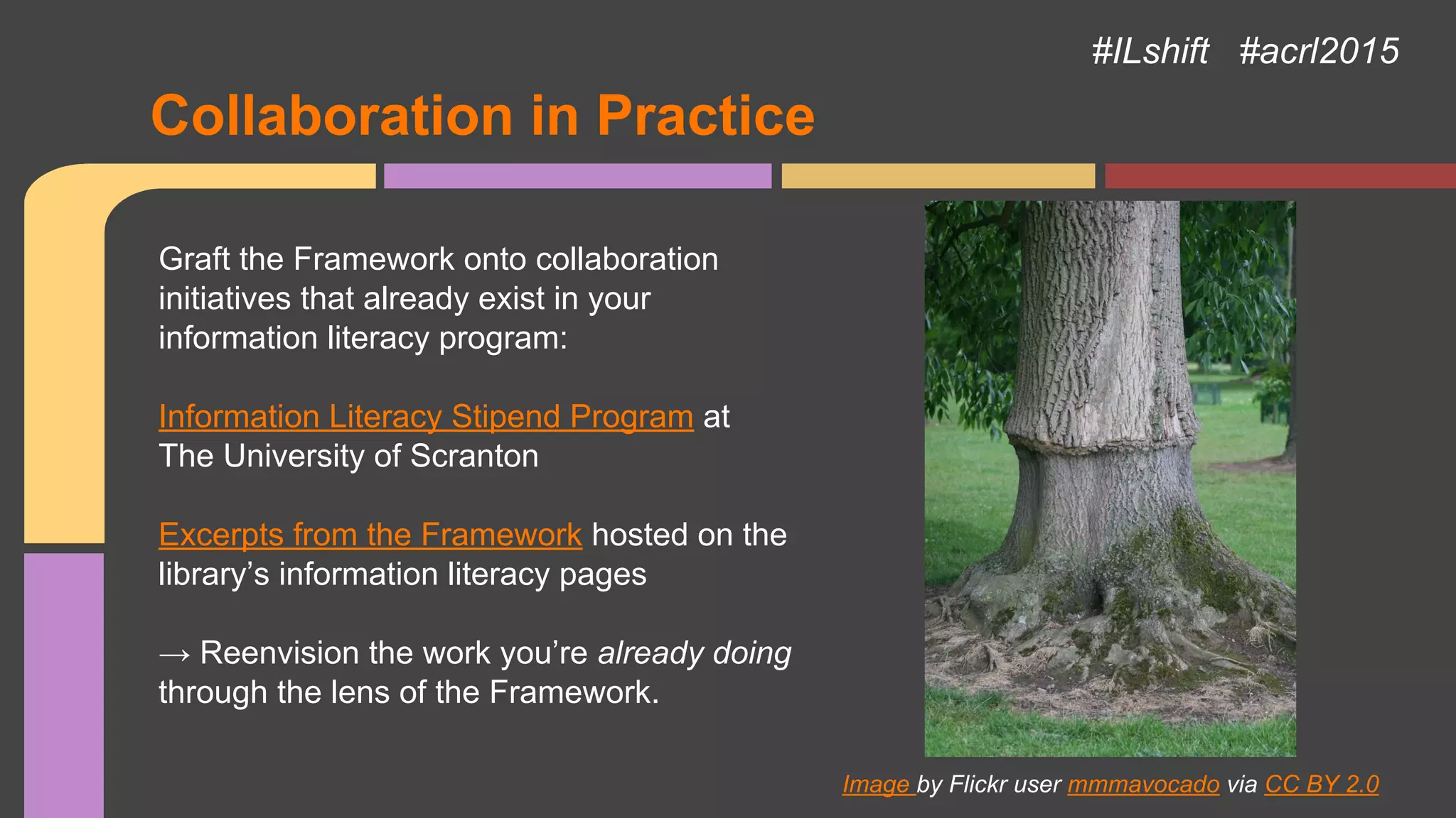 Collaboration in Practice
#ILshift #acrl2015
Image by Flickr user mmmavocado via CC BY 2.0
Graft the Framework onto collaboration
initiatives that already exist in your
information literacy program:
Information Literacy Stipend Program at
The University of Scranton
Excerpts from the Framework hosted on the
library’s information literacy pages
→ Reenvision the work you’re already doing
through the lens of the Framework.
 