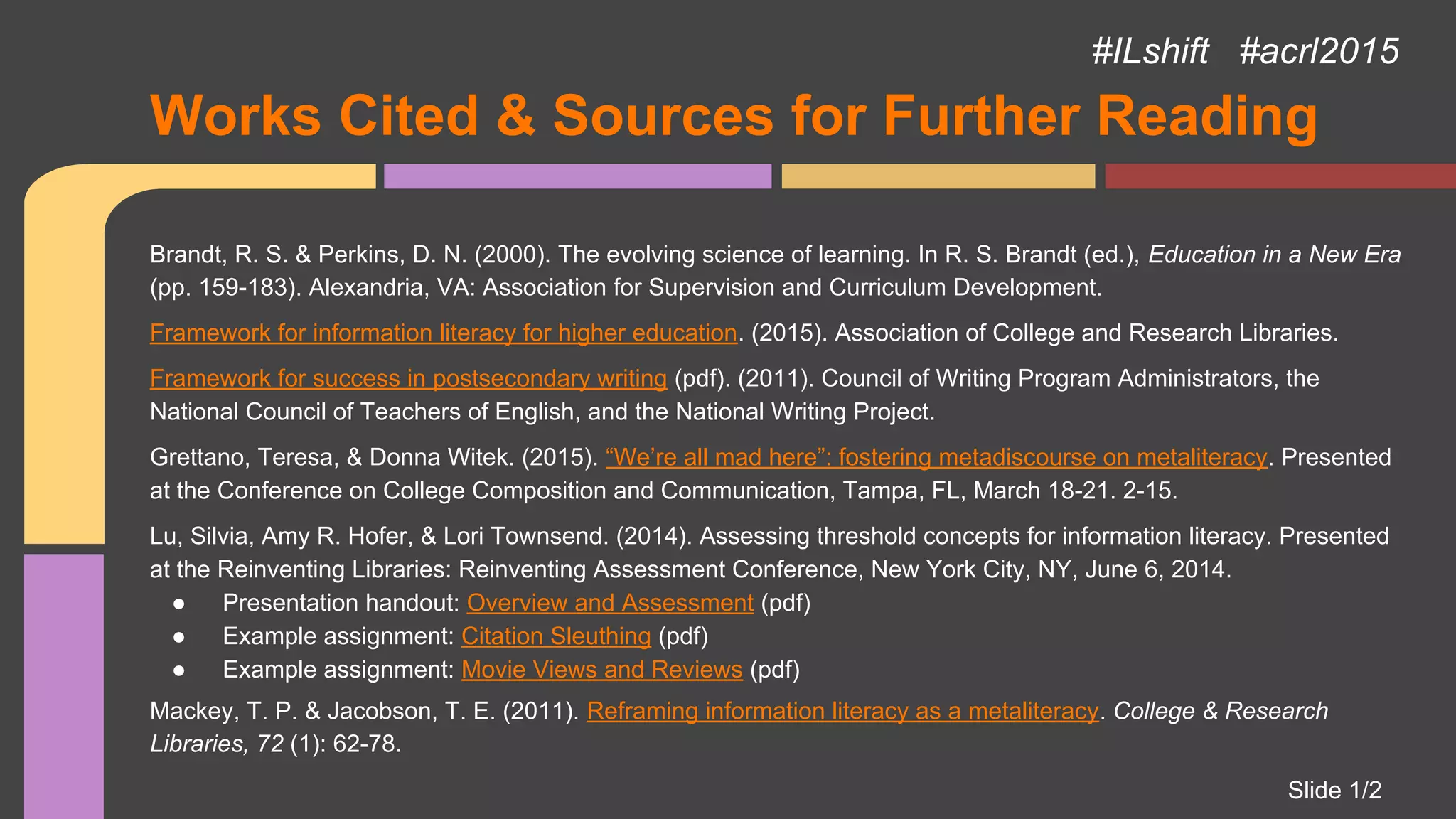 Works Cited & Sources for Further Reading
#ILshift #acrl2015
Brandt, R. S. & Perkins, D. N. (2000). The evolving science of learning. In R. S. Brandt (ed.), Education in a New Era
(pp. 159-183). Alexandria, VA: Association for Supervision and Curriculum Development.
Framework for information literacy for higher education. (2015). Association of College and Research Libraries.
Framework for success in postsecondary writing (pdf). (2011). Council of Writing Program Administrators, the
National Council of Teachers of English, and the National Writing Project.
Grettano, Teresa, & Donna Witek. (2015). “We’re all mad here”: fostering metadiscourse on metaliteracy. Presented
at the Conference on College Composition and Communication, Tampa, FL, March 18-21. 2-15.
Lu, Silvia, Amy R. Hofer, & Lori Townsend. (2014). Assessing threshold concepts for information literacy. Presented
at the Reinventing Libraries: Reinventing Assessment Conference, New York City, NY, June 6, 2014.
● Presentation handout: Overview and Assessment (pdf)
● Example assignment: Citation Sleuthing (pdf)
● Example assignment: Movie Views and Reviews (pdf)
Mackey, T. P. & Jacobson, T. E. (2011). Reframing information literacy as a metaliteracy. College & Research
Libraries, 72 (1): 62-78.
Slide 1/2
 
