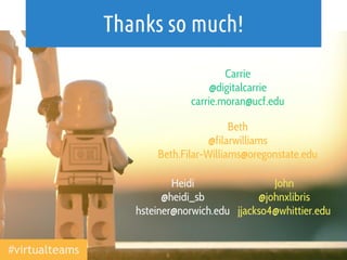 Carrie
@digitalcarrie
carrie.moran@ucf.edu
Thanks so much!
Beth
@filarwilliams
Beth.Filar-Williams@oregonstate.edu
Heidi
@heidi_sb
hsteiner@norwich.edu
John
@johnxlibris
jjackso4@whittier.edu
#virtualteams