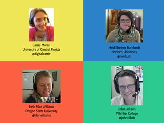 Carrie Moran
University of Central Florida
@digitalcarrie
Beth Filar Williams
Oregon State University
@filarwilliams
Heidi Steiner Burkhardt
Norwich University
@heidi_sb
John Jackson
Whittier College
@johnxlibris