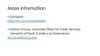 More information
• Full report:
http://tinyurl.com/p96fq3m
• Kathryn Crowe, Associate Dean for Public Services
University of North Carolina at Greensboro
kmcrowe@uncg.edu
 