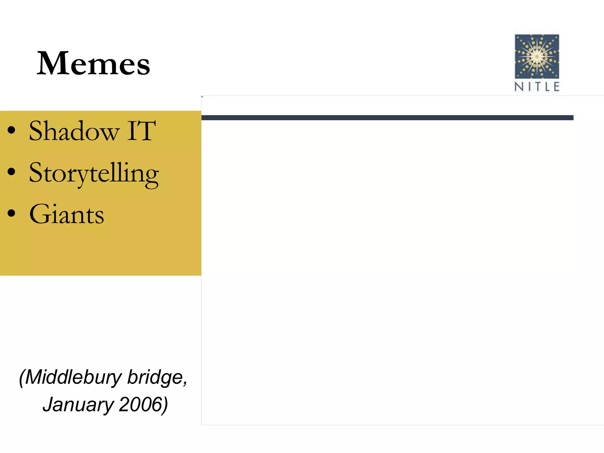 Memes Shadow IT Storytelling Giants (Middlebury bridge, January 2006) 