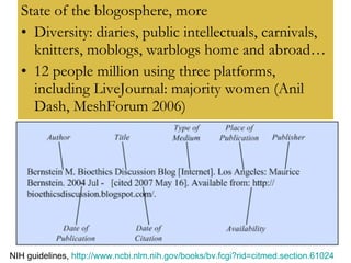 State of the blogosphere, more Diversity: diaries, public intellectuals, carnivals, knitters, moblogs, warblogs home and abroad… 12 people million using three platforms, including LiveJournal: majority women (Anil Dash, MeshForum 2006) NIH guidelines,  http://www.ncbi.nlm.nih.gov/books/bv.fcgi?rid=citmed.section.61024   