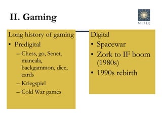 II. Gaming Long history of gaming Predigital Chess, go, Senet, mancala, backgammon, dice, cards Kriegspiel Cold War games Digital Spacewar Zork to IF boom (1980s) 1990s rebirth 