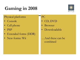 Gaming in 2008 Physical platforms Console Cell phone PSP Extended forms (DDR) New forms: Wii PC CD, DVD Browser Downloadable  … And these can be combined 