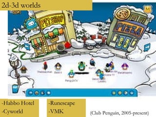 -Habbo Hotel -Cyworld (Club Penguin, 2005-present) 2d-3d worlds   -Runescape -VMK 