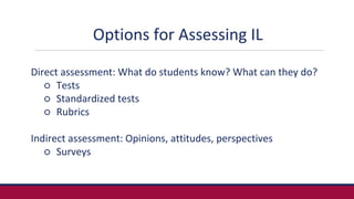 Options for Assessing IL
Direct assessment: What do students know? What can they do?
○ Tests
○ Standardized tests
○ Rubric...