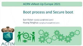 Boot process and Secure boot
Sun Victor <victor.sun@intel.com>
Huang Yonghua <yonghua.huang@intel.com>
ACRN vMeet-Up Europe 2021
 