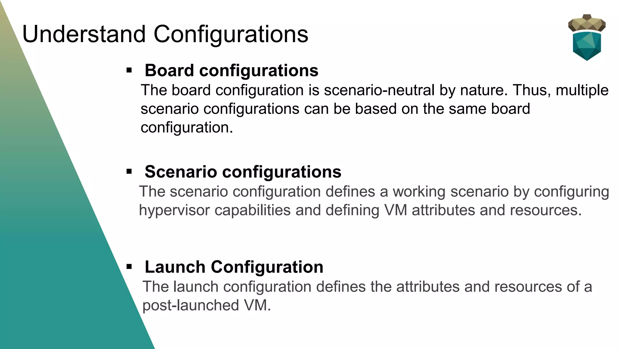 Understand Configurations
▪ Board configurations
The board configuration is scenario-neutral by nature. Thus, multiple
scenario configurations can be based on the same board
configuration.
▪ Scenario configurations
The scenario configuration defines a working scenario by configuring
hypervisor capabilities and defining VM attributes and resources.
▪ Launch Configuration
The launch configuration defines the attributes and resources of a
post-launched VM.
 