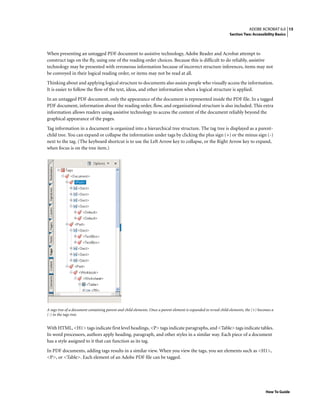 15ADOBE ACROBAT 6.0
Section Two: Accessibility Basics
How To Guide
When presenting an untagged PDF document to assistive technology, Adobe Reader and Acrobat attempt to
construct tags on the fly, using one of the reading order choices. Because this is difficult to do reliably, assistive
technology may be presented with erroneous information because of incorrect structure inferences, items may not
be conveyed in their logical reading order, or items may not be read at all.
Thinking about and applying logical structure to documents also assists people who visually access the information.
It is easier to follow the flow of the text, ideas, and other information when a logical structure is applied.
In an untagged PDF document, only the appearance of the document is represented inside the PDF file. In a tagged
PDF document, information about the reading order, flow, and organizational structure is also included. This extra
information allows readers using assistive technology to access the content of the document reliably beyond the
graphical appearance of the pages.
Tag information in a document is organized into a hierarchical tree structure. The tag tree is displayed as a parent-
child tree. You can expand or collapse the information under tags by clicking the plus sign (+) or the minus sign (-)
next to the tag. (The keyboard shortcut is to use the Left Arrow key to collapse, or the Right Arrow key to expand,
when focus is on the tree item.)
A tags tree of a document containing parent and child elements. Once a parent element is expanded to reveal child elements, the (+) becomes a
(-) in the tags tree.
With HTML, <H1> tags indicate first level headings, <P> tags indicate paragraphs, and <Table> tags indicate tables.
In word processors, authors apply heading, paragraph, and other styles in a similar way. Each piece of a document
has a style assigned to it that can function as its tag.
In PDF documents, adding tags results in a similar view. When you view the tags, you see elements such as <H1>,
<P>, or <Table>. Each element of an Adobe PDF file can be tagged.
 