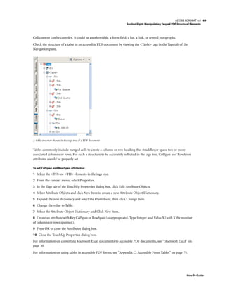 69ADOBE ACROBAT 6.0
Section Eight: Manipulating Tagged PDF Structural Elements
How To Guide
Cell content can be complex. It could be another table, a form field, a list, a link, or several paragraphs.
Check the structure of a table in an accessible PDF document by viewing the <Table> tags in the Tags tab of the
Navigation pane.
A table structure shown in the tags tree of a PDF document
Tables commonly include merged cells to create a column or row heading that straddles or spans two or more
associated columns or rows. For such a structure to be accurately reflected in the tags tree, ColSpan and RowSpan
attributes should be properly set.
To set ColSpan and RowSpan attributes:
1 Select the <TD> or <TH> elements in the tags tree.
2 From the context menu, select Properties.
3 In the Tags tab of the TouchUp Properties dialog box, click Edit Attribute Objects.
4 Select Attribute Objects and click New Item to create a new Attribute Object Dictionary.
5 Expand the new dictionary and select the O attribute, then click Change Item.
6 Change the value to Table.
7 Select the Attribute Object Dictionary and Click New Item.
8 Create an attribute with Key ColSpan or RowSpan (as appropriate), Type Integer, and Value X (with X the number
of columns or rows spanned).
9 Press OK to close the Attributes dialog box.
10 Close the TouchUp Properties dialog box.
For information on converting Microsoft Excel documents to accessible PDF documents, see “Microsoft Excel” on
page 30.
For information on using tables in accessible PDF forms, see “Appendix C: Accessible Form Tables” on page 79.
 