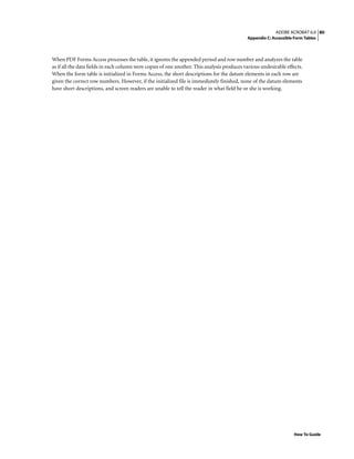 80ADOBE ACROBAT 6.0
Appendix C: Accessible Form Tables
How To Guide
When PDF Forms Access processes the table, it ignores the appended period and row number and analyzes the table
as if all the data fields in each column were copies of one another. This analysis produces various undesirable effects.
When the form table is initialized in Forms Access, the short descriptions for the datum elements in each row are
given the correct row numbers. However, if the initialized file is immediately finished, none of the datum elements
have short descriptions, and screen readers are unable to tell the reader in what field he or she is working.
 