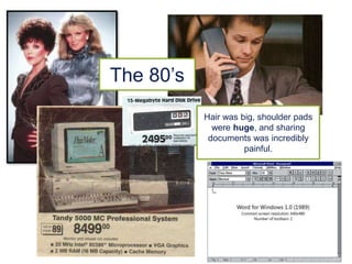 The 80’s
Hair was big, shoulder
pads were huge, and
sharing documents was
incredibly painful.
 