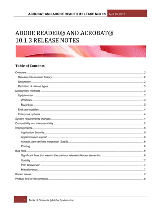 ACROBAT AND ADOBE READER RELEASE NOTES April 10, 2012




ADOBE READER® AND ACROBAT®
10.1.3 RELEASE NOTES


Table of Contents
Overview.................................................................................................................................................................. 2
   Release note revision history .............................................................................................................................. 2
   Description........................................................................................................................................................... 2
   Definition of release types ................................................................................................................................... 3
Deployment methods .............................................................................................................................................. 3
   Update order........................................................................................................................................................ 3
       Windows .......................................................................................................................................................... 3
       Macintosh ........................................................................................................................................................ 3
   End user updates ................................................................................................................................................ 4
   Enterprise updates .............................................................................................................................................. 4
System requirements changes ................................................................................................................................ 4
Compatibility and interoperability ............................................................................................................................ 5
Improvements .......................................................................................................................................................... 5
       Application Security ......................................................................................................................................... 5
       Apple browser support .................................................................................................................................... 6
       Acrobat.com services integration (SaaS) ........................................................................................................ 6
       Printing ............................................................................................................................................................ 6
Bug fixes .................................................................................................................................................................. 6
       Significant fixes that were in the previous release’s known issues list: .......................................................... 6
       Stability ............................................................................................................................................................ 7
       PDF Conversion .............................................................................................................................................. 7
       Miscellaneous .................................................................................................................................................. 7
Known issues .......................................................................................................................................................... 7
Product end-of-life schedule.................................................................................................................................... 8




           1     Table of Contents | Adobe Systems Inc.
 