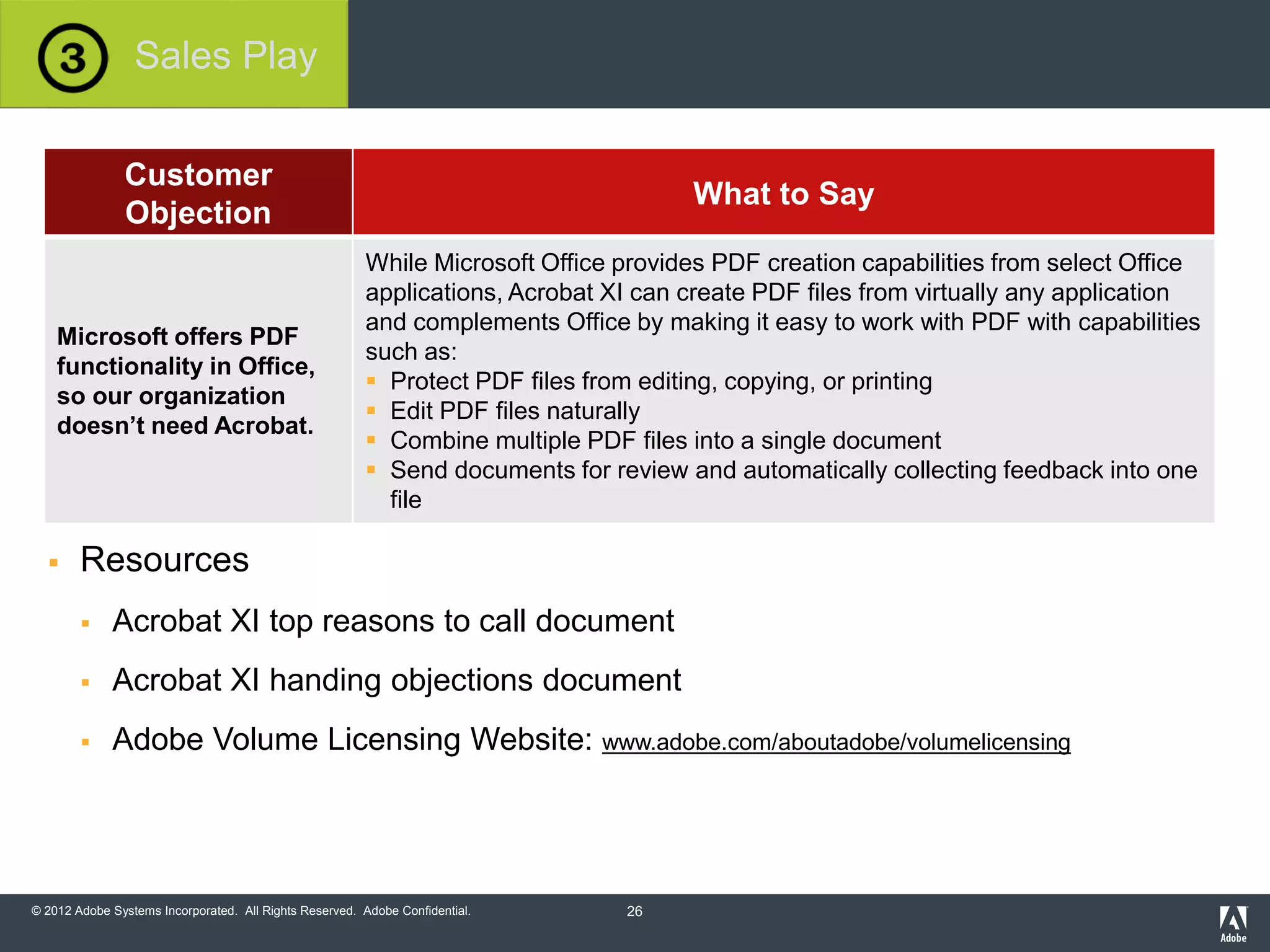 © 2012 Adobe Systems Incorporated. All Rights Reserved. Adobe Confidential.
Customer
Objection
What to Say
Microsoft offers PDF
functionality in Office,
so our organization
doesn’t need Acrobat.
While Microsoft Office provides PDF creation capabilities from select Office
applications, Acrobat XI can create PDF files from virtually any application
and complements Office by making it easy to work with PDF with capabilities
such as:
 Protect PDF files from editing, copying, or printing
 Edit PDF files naturally
 Combine multiple PDF files into a single document
 Send documents for review and automatically collecting feedback into one
file
 Resources
 Acrobat XI top reasons to call document
 Acrobat XI handing objections document
 Adobe Volume Licensing Website: www.adobe.com/aboutadobe/volumelicensing
Sales Play
26
 