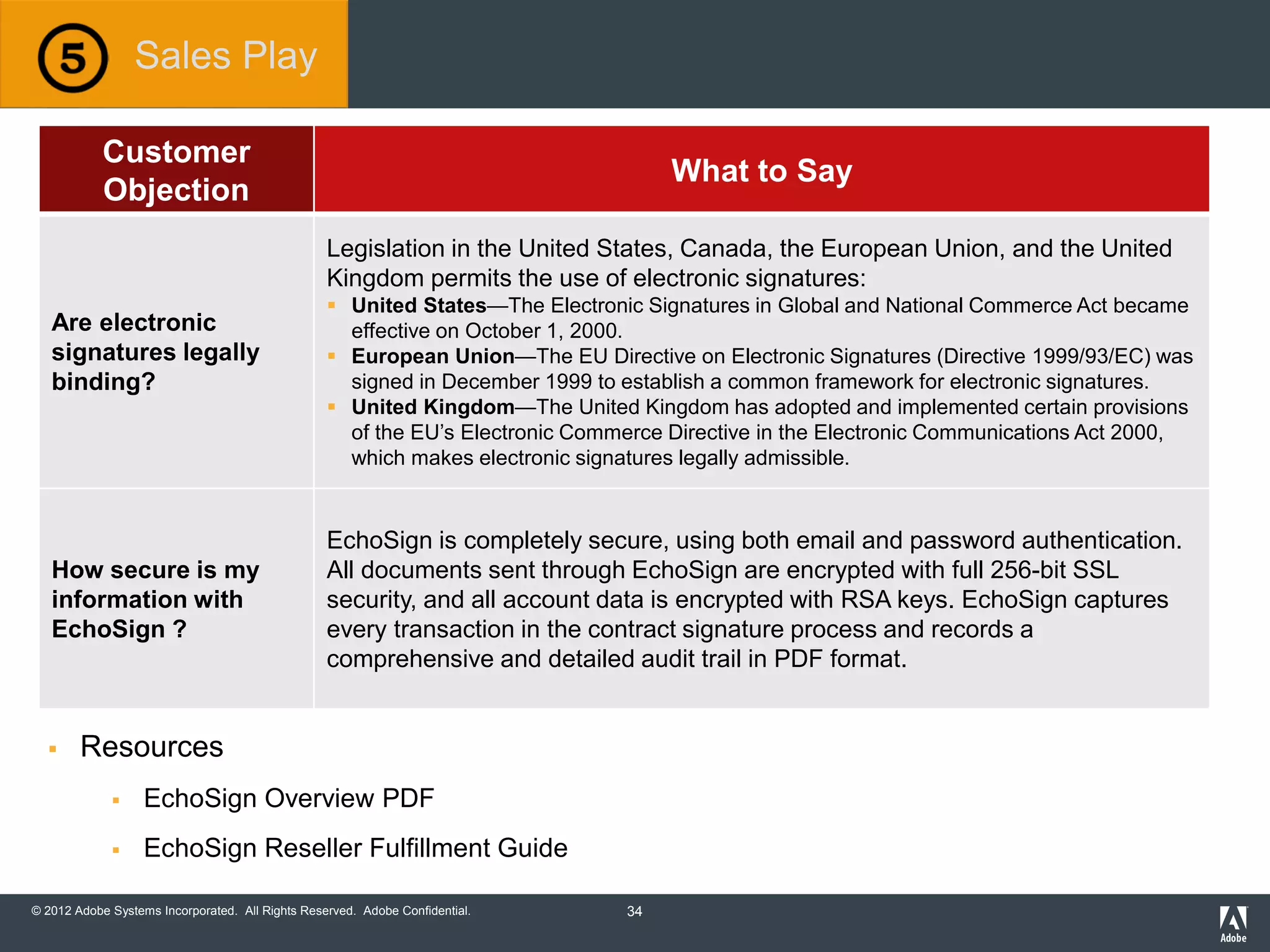 © 2012 Adobe Systems Incorporated. All Rights Reserved. Adobe Confidential.
Customer
Objection
What to Say
Are electronic
signatures legally
binding?
Legislation in the United States, Canada, the European Union, and the United
Kingdom permits the use of electronic signatures:
 United States—The Electronic Signatures in Global and National Commerce Act became
effective on October 1, 2000.
 European Union—The EU Directive on Electronic Signatures (Directive 1999/93/EC) was
signed in December 1999 to establish a common framework for electronic signatures.
 United Kingdom—The United Kingdom has adopted and implemented certain provisions
of the EU’s Electronic Commerce Directive in the Electronic Communications Act 2000,
which makes electronic signatures legally admissible.
How secure is my
information with
EchoSign ?
EchoSign is completely secure, using both email and password authentication.
All documents sent through EchoSign are encrypted with full 256-bit SSL
security, and all account data is encrypted with RSA keys. EchoSign captures
every transaction in the contract signature process and records a
comprehensive and detailed audit trail in PDF format.
Sales Play
 Resources
 EchoSign Overview PDF
 EchoSign Reseller Fulfillment Guide
34
 