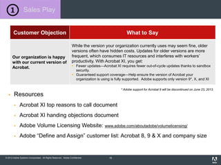 © 2012 Adobe Systems Incorporated. All Rights Reserved. Adobe Confidential.
 Resources
 Acrobat XI top reasons to call document
 Acrobat XI handing objections document
 Adobe Volume Licensing Website: www.adobe.com/aboutadobe/volumelicensing/
 Adobe “Define and Assign” customer list: Acrobat 8, 9 & X and company size
Customer Objection What to Say
Our organization is happy
with our current version of
Acrobat.
While the version your organization currently uses may seem fine, older
versions often have hidden costs. Updates for older versions are more
frequent, which consumes IT resources and interferes with workers’
productivity. With Acrobat XI, you get:
 Fewer updates—Acrobat XI requires fewer out-of-cycle updates thanks to sandbox
security.
 Guaranteed support coverage—Help ensure the version of Acrobat your
organization is using is fully supported. Adobe supports only version 9*, X, and XI
Sales Play
* Adobe support for Acrobat 9 will be discontinued on June 23, 2013.
18
 