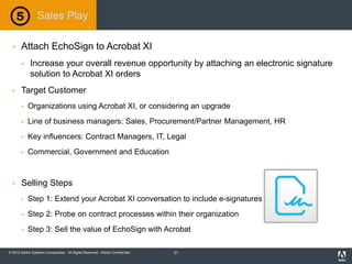 © 2012 Adobe Systems Incorporated. All Rights Reserved. Adobe Confidential.
 Attach EchoSign to Acrobat XI
 Increase your overall revenue opportunity by attaching an electronic signature
solution to Acrobat XI orders
 Target Customer
 Organizations using Acrobat XI, or considering an upgrade
 Line of business managers: Sales, Procurement/Partner Management, HR
 Key influencers: Contract Managers, IT, Legal
 Commercial, Government and Education
 Selling Steps
 Step 1: Extend your Acrobat XI conversation to include e-signatures
 Step 2: Probe on contract processes within their organization
 Step 3: Sell the value of EchoSign with Acrobat
Sales Play
31
 