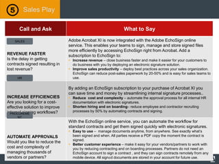 © 2012 Adobe Systems Incorporated. All Rights Reserved. Adobe Confidential.
Call and Ask What to Say
REVENUE FASTER
Is the delay in getting
contracts signed resulting in
lost revenue?
Adobe Acrobat XI is now integrated with the Adobe EchoSign online
service. This enables your teams to sign, manage and store signed files
more efficiently by accessing EchoSign right from Acrobat. Add a
subscription to EchoSign to:
 Increase revenue – close business faster and make it easier for your customers to
do business with you by deploying an electronic signature solution.
 Improve sales productivity – deploy best practices across your sales organization.
EchoSign can reduce post-sales paperwork by 20-50% and is easy for sales teams to
use.
INCREASE EFFICIENCIES
Are you looking for a cost-
effective solution to improve
internal signing workflows?
By adding an EchoSign subscription to your purchase of Acrobat XI you
can save time and money by streamlining internal signature processes..
 Reduce cost and complexity – automate the approval process for all internal HR
documentation with electronic signatures.
 Shorten hiring and on boarding– reduce employee and contractor recruiting
processes by 50% by automating contracts and signing.
AUTOMATE APPROVALS
Would you like to reduce the
cost and complexity of
managing thousands of
vendors or partners?
With the EchoSign online service, you can automate the workflow for
standard contracts and get them signed quickly with electronic signatures.
 Easy to use – manage documents anytime, from anywhere. See exactly what’s
been signed and when. All parties receive a PDF copy the moment the contract is
signed.
 Better customer experience – make it easy for your vendors/partners to work with
you by reducing contracting and on boarding processes. Partners do not need an
EchoSign account to sign a contract , and they can sign contracts remotely from any
mobile device. All signed documents are stored in your account for future use.
Sales Play
SALES
HR
PROCUREME
NT
33
 