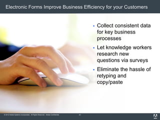 © 2012 Adobe Systems Incorporated. All Rights Reserved. Adobe Confidential.
Electronic Forms Improve Business Efficiency for your Customers
 Collect consistent data
for key business
processes
 Let knowledge workers
research new
questions via surveys
 Eliminate the hassle of
retyping and
copy/paste
41
 