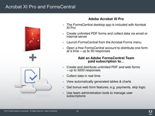 © 2012 Adobe Systems Incorporated. All Rights Reserved. Adobe Confidential.
Acrobat XI Pro and FormsCentral
Adobe Acrobat XI Pro
 The FormsCentral desktop app is included with Acrobat
XI Pro
 Create unlimited PDF forms and collect data via email or
internal server
 Launch FormsCentral from the Acrobat Forms menu
 Open a free FormsCentral account to distribute one form
at a time – up to 50 responses
Add an Adobe FormsCentral Team
paid subscription to…
 Create and distribute unlimited PDF and web forms
– up to 5000 responses
 Collect data in real time
 View automatically generated tables & charts
 Get bonus web form features, e.g. payments, skip logic
 Use team administration tools to manage user
subscriptions
+
42
 