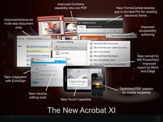 © 2012 Adobe Systems Incorporated. All Rights Reserved. Adobe Confidential.
The New Acrobat XI
Improved Actions for
multi-step document
prep
New integration
with EchoSign
New FormsCentral desktop
app in Acrobat Pro for creating
electronic forms
New convert to
MS PowerPoint
- Improved
export to Word
and Excel
Improved Combine
capability into one PDF
Improved
accessibility
authoring
New intuitive
editing tools
New Touch Capability
Optimized PDF creation
for mobile recipients
 