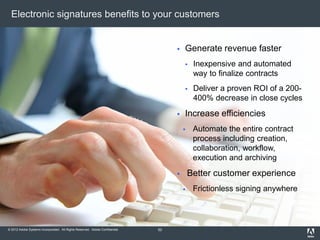 © 2012 Adobe Systems Incorporated. All Rights Reserved. Adobe Confidential.
Electronic signatures benefits to your customers
 Generate revenue faster
 Inexpensive and automated
way to finalize contracts
 Deliver a proven ROI of a 200-
400% decrease in close cycles
 Increase efficiencies
 Automate the entire contract
process including creation,
collaboration, workflow,
execution and archiving
 Better customer experience
 Frictionless signing anywhere
52
 