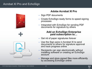 © 2012 Adobe Systems Incorporated. All Rights Reserved. Adobe Confidential.
Acrobat XI Pro and EchoSign
+
Adobe Acrobat XI Pro
 Sign PDF documents
 Create EchoSign-ready forms to speed signing
processes
 Integrated with EchoSign for sending PDF
documents for signature by others
Add an EchoSign Enterprise
paid subscription to…
 Get rid of paper signatures forever
 Use the Sign pane in Acrobat XI to send
documents to others for signature approval
and track progress online
 Recipients can sign electronically without
installing software or creating an EchoSign
account
 Manage and store signed files more efficiently
by accessing EchoSign online
53
 