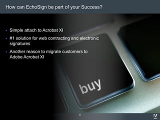 © 2012 Adobe Systems Incorporated. All Rights Reserved. Adobe Confidential.
How can EchoSign be part of your Success?
 Simple attach to Acrobat XI
 #1 solution for web contracting and electronic
signatures
 Another reason to migrate customers to
Adobe Acrobat XI
54
 