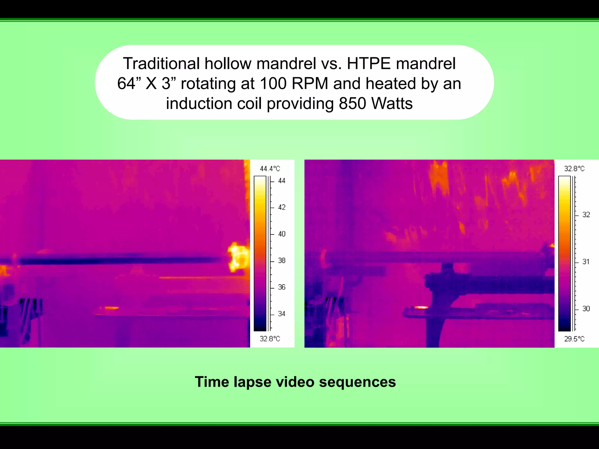 Traditional hollow mandrel vs. HTPE mandrel
64” X 3” rotating at 100 RPM and heated by an
       induction coil providing 850 Watts




          Time lapse video sequences
 