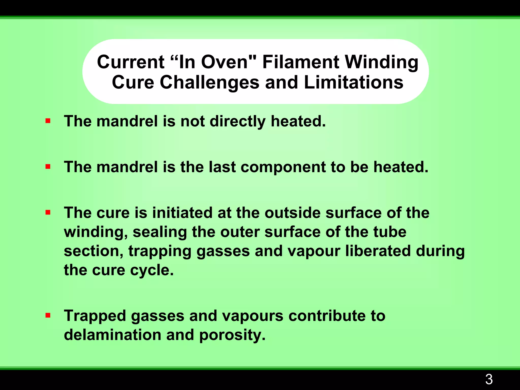Current “In Oven" Filament Winding
       Cure Challenges and Limitations

 The mandrel is not directly heated.

 The mandrel is the last component to be heated.

 The cure is initiated at the outside surface of the
  winding, sealing the outer surface of the tube
  section, trapping gasses and vapour liberated during
  the cure cycle.

 Trapped gasses and vapours contribute to
  delamination and porosity.

                                                         3
 