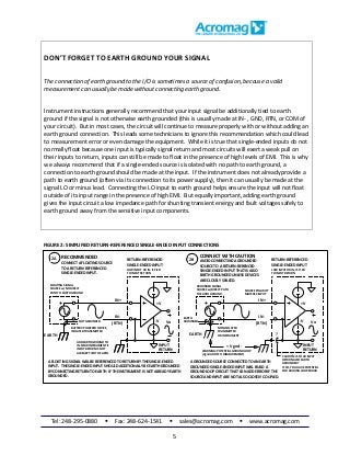 Tel: 248-295-0880  Fax: 248-624-1541  sales@acromag.com  www.acromag.com
5
DON’T FORGET TO EARTH GROUND YOUR SIGNAL
The connection of earth ground to the I/O is sometimes a source of confusion, because a valid
measurement can usually be made without connecting earth ground.
Instrument instructions generally recommend that your input signal be additionally tied to earth
ground if the signal is not otherwise earth grounded (this is usually made at IN- , GND, RTN, or COM of
your circuit). But in most cases, the circuit will continue to measure properly with or without adding an
earth ground connection. This leads some technicians to ignore this recommendation which could lead
to measurement error or even damage the equipment. While it is true that single-ended inputs do not
normally float because one input is typically signal return and most circuits will exert a weak pull on
their inputs to return, inputs can still be made to float in the presence of high levels of EMI. This is why
we always recommend that if a single-ended source is isolated with no path to earth ground, a
connection to earth ground should be made at the input. If the instrument does not already provide a
path to earth ground (often via its connection to its power supply), then it can usually be made at the
signal LO or minus lead. Connecting the LO input to earth ground helps ensure the input will not float
outside of its input range in the presence of high EMI. But equally important, adding earth ground
gives the input circuit a low impedance path for shunting transient energy and fault voltages safely to
earth ground away from the sensitive input components.
FLOATING SIGNAL
SOURCE w/ NO DIRECT
PATH TO EARTH GROUND
IN+
(RTN)
BATTERY-POWERED DEVICE,
ISOLATED TRANSMITTER
LOW INPUT OR IN- IS TIED
TO INPUT RETURN
-V
+V
Vo
RETURN-REFERENCED
SINGLE-ENDED INPUT
INPUT
RETURN
SOURCE POLARITY
MATCHES INPUT
GROUNDED SIGNAL
SOURCE w/ DIRECT PATH
TO EARTH GROUND
EARTH
NON-ISOLATED
TRANSMITTER
OR INSTRUMENT
WARNING: POTENTIAL GROUND LOOP
(Vgnd ADDS TO MEASUREMENT)
RETURN-REFERENCED
SINGLE-ENDED INPUT
+ Vgnd -
A FLOATING SIGNAL WILL BE REFERENCED TORETURN BY THE SINGLE-ENDED
INPUT. THE SINGLE-ENDED INPUT SHOULD ADDITIONALLY BE EARTH GROUNDED
BY CONNECTING RETURN TO EARTH IF THE INSTRUMENTIS NOT ALREADY EARTH
GROUNDED.
2A 2B
CONNECT AFLOATING SOURCE
TOA RETURN-REFERENCED
SINGLE-ENDED INPUT.
IN-
A GROUNDED SOURCE CONNECTED TO AN EARTH
GROUNDED SINGLE-ENDED INPUTWILL BUILD A
GROUND LOOP CIRCUITTHAT CAN ADD ERROR IF THE
SOURCEAND INPUT ARE NOT ALSOCLOSELY COUPLED.
IN+
FIGURE 2: SIMPLIFIED RETURN-REFERENCED SINGLE-ENDED INPUT CONNECTIONS
LOW INPUT OR IN- IS TIED
TO INPUT RETURN
(RTN)
IN-
RECOMMENDED
ADD EARTH GROUND TO
IN- NEAR INSTRUMENT IF
INPUT RETURN ISNOT
ALREADY TIED TO EARTH.
CONNECT WITH CAUTION
AVOID CONNECTING AGROUNDED
SOURCETO A RETURN-RERENCED
SINGLE-ENDED INPUT THAT IS ALSO
EARTH GROUNDED UNLESS DEVICES
ARE CLOSELY SPACED.
-V
+V
Vo
INPUT
RETURN
EARTH
CAUTION: IS YOUR INPUT
RETURN ALSO EARTH
GROUNDED?
IF SO, YOU HAVE POTENTIAL
FOR GROUND LOOP ERROR
?
EARTH
GROUNDEDNOT GROUNDED
 