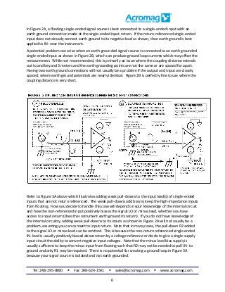 Tel: 248-295-0880  Fax: 248-624-1541  sales@acromag.com  www.acromag.com
6
In Figure 2A, a floating single-ended signal source is best connected to a single-ended input with an
earth ground connection made at the single-ended input return. If the return-referenced single-ended
input does not already connect earth ground to its negative lead as shown, then earth ground is best
applied to IN- near the instrument.
A potential problem can arise when an earth-grounded signal source is connected to an earth grounded
single-ended input as shown in Figure 2B, which can produce ground loop currents which may offset the
measurement. While not recommended, this is primarily an issue where the coupling distance extends
out to and beyond 3 meters and the earth grounding points are not the same or are spaced far apart.
Having two earth ground connections will not usually be a problem if the output and input are closely
spaced, where earth ground potentials are nearly identical. Figure 2B is perfectly fine to use where the
coupling distance is very short.
Refer to Figure 3A above which illustrates adding weak pull-downs to the input lead(s) of single-ended
inputs that are not return referenced. The weak pull-downs add bias to keep the high-impedance inputs
from floating. How you decide to handle this case will depend on your knowledge of the internal circuit
and how the non-referenced input positively biases the signal LO or minus lead, whether you have
access to input return (does the instrument earth ground its return). If you do not have knowledge of
the internal circuitry, adding weak pull-downs to its inputs as shown in Figure 2A will not usually be a
problem, assuming you can connect to input return. Note that in many cases, the pull-down R2 added
to the signal LO or minus lead can be omitted. This is because the non-return referenced single-ended
IN- lead is usually positively biased above return by a voltage reference or diode to give a single-supply
input circuit the ability to convert negative input voltages. Note that the minus lead bias supply is
usually sufficient to keep the minus input from floating such that R2 may not be needed to pull IN- to
ground and only R1 may be required. There is no potential for creating a ground loop in Figure 3A
because your signal source is isolated and not earth grounded.
 