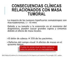 CONSECUENCIAS CLÍNICAS
RELACIONADOS CON MASA
TUMORAL
La mayoría de los tumores hipofisarios somatotropos son
macroadenomas. (> 10 mm)
Debido a su tamaño y la extensión en el momento del
diagnóstico, pueden causar grandes signos y síntomas
debido al efecto de masa locales.
El dolor de cabeza  55% de los pacientes.
Defectos del campo visual  efectos de masas en el
quiasma óptico.
AACE Medical Guidelines for clinical practice for the diagnosis and treatment of acromegaly. 2011 update.
Pruebas de campo visual se debe realizar en
todos los pacientes con un macroadenoma.
 