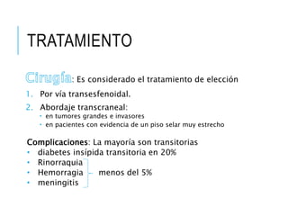 TRATAMIENTO
: Es considerado el tratamiento de elección
1. Por vía transesfenoidal.
2. Abordaje transcraneal:
 en tumores grandes e invasores
 en pacientes con evidencia de un piso selar muy estrecho
Complicaciones: La mayoría son transitorias
• diabetes insípida transitoria en 20%
• Rinorraquia
• Hemorragia menos del 5%
• meningitis
 