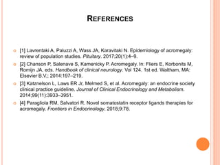 REFERENCES
 [1] Lavrentaki A, Paluzzi A, Wass JA, Karavitaki N. Epidemiology of acromegaly:
review of population studies. Pituitary. 2017;20(1):4–9.
 [2] Chanson P, Salenave S, Kamenicky P. Acromegaly. In: Fliers E, Korbonits M,
Romijn JA, eds. Handbook of clinical neurology. Vol 124. 1st ed. Waltham, MA:
Elsevier B.V.; 2014:197–219.
 [3] Katznelson L, Laws ER Jr, Melmed S, et al. Acromegaly: an endocrine society
clinical practice guideline. Journal of Clinical Endocrinology and Metabolism.
2014;99(11):3933–3951.
 [4] Paragliola RM, Salvatori R. Novel somatostatin receptor ligands therapies for
acromegaly. Frontiers in Endocrinology. 2018;9:78.
 