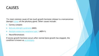 CAUSES

The most common cause of too much growth hormone release is a noncancerous
(benign) tumor of the pituitary gland. Other causes include:
   Carney complex
   McCune-Albright syndrome (MAS)
   Multiple endocrine neoplasia type 1 (MEN-1)
   Neurofibromatosis
If excess growth hormone occurs after normal bone growth has stopped, the
condition is known as acromegaly.
 