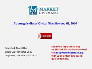 Acromegaly Global Clinical Trials Review, H1, 2014
Published: May 2014
Single User PDF: US$ 2500
Corporate User PDF: US$ 7500
Order this report by calling
+1 888 391 5441 or Send an email
to sales@marketoptimizer.org
with your contact details and
questions if any.
1
 