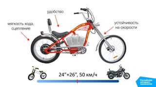 24”+26”, 50 км/ч
устойчивость 
на скорости
удобство
мягкость хода, 
сцепление
 