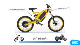 24”, 60 км/ч
рама-короб
мотоамортизатор
 