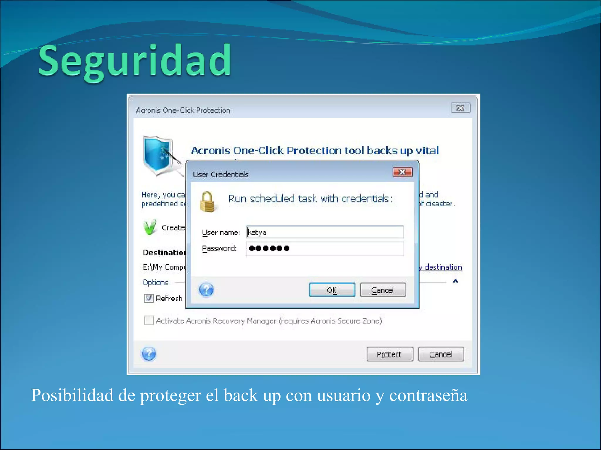 Posibilidad de proteger el back up con usuario y contraseña