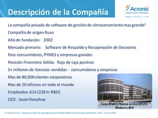 Descripción de la Compañía
   La compañía privada de software de gestión de almacenamiento mas grande1
   Compañía de origen Ruso
   Año de fundación: 2002
   Mercado primario: Software de Respaldo y Recuperación de Desastres
   Para consumidores, PYMES y empresas grandes
   Posición Financiera Sólida: flujo de caja positivo
   5+ millones de licencias vendidas - consumidores y empresas
   Mas de 80,000 clientes corporativos
   Mas de 20 oficinas en todo el mundo
   Empleados: 614 (228 in R&D)
   CEO: Jason Donahue
                                                                                                       Casa M atriz Nueva en los EEUU,
                                                                                                                 Woburn, M A
(1) Gartner Group - Dataquest Insight: Storage Management Software Market Share Analysis, Worldwide, 2008 - 24 June 2009
 