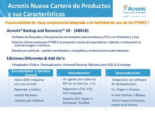 Acronis Nueva Cartera de Productos
 y sus Características
Funcionalidad de clase empresarial adaptada a la facilidad de uso de las PYMES !
Acronis® Backup and Recovery™ 10 - (ABR10)
   Software de Respaldo y Recuperación de desastre para servidores y PCs con Windows y Linux
   Solución diferenciada para PYMES proveyendo copias de seguridad en caliente y restauración a
    nivel de imagen o archivos
   Basado por políticas – gestión centralizado y respaldos y restauraciones automatizadas

Ediciones Diferentes & Add On’s:
   Virtualization Edition, Desduplicacion, Universal Restore, Módulos para SQL & Exchange

   Escalabilidad y Gestión
                                            Virtualizacion                     Desduplicacion
           Central
    Hasta 3000 máquinas                 Un agente por todas las             Integración con software
    con una consola                     MV en un host (vs. 1:1)             de desduplicación
     Reportaje y tablero                Migración a F2V, V2V,               En Origen o Destino
                                        V2F integrada
     Instant Recovery                                                       A nivel Archivo o Bloque
                                        Soporta ESX, Hyper V,
     Gestión por Políticas                                                  Entre mayor el entorno,
                                        XenServer, Parallels
                                                                            mayor es el ahorro
 