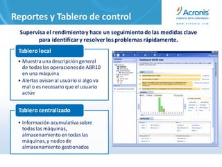 Reportes y Tablero de control
  Supervisa el rendimiento y hace un seguimiento de las medidas clave
         para identificar y resolver los problemas rápidamente.
 Tablero local
 • Muestra una descripción general
   de todas las operaciones de ABR10
   en una máquina
 • Alertas avisan al usuario si algo va
   mal o es necesario que el usuario
   actúe


 Tablero centralizado
 • Información acumulativa sobre
   todas las máquinas,
   almacenamiento en todas las
   máquinas, y nodos de
   almacenamiento gestionados
 
