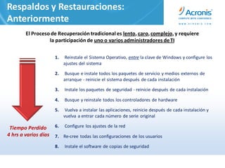 Respaldos y Restauraciones:
Anteriormente
        El Proceso de Recuperación tradicional es lento, caro, complejo, y requiere
                  la participación de uno o varios administradores de TI


                      1.   Reinstale el Sistema Operativo, entre la clave de Windows y configure los
                           ajustes del sistema

                      2.   Busque e instale todos los paquetes de servicio y medios externos de
                           arranque - reinicie el sistema después de cada instalación

                      3.   Instale los paquetes de seguridad - reinicie después de cada instalación

                      4.   Busque y reinstale todos los controladores de hardware

                      5.    Vuelva a instalar las aplicaciones, reinicie después de cada instalación y
                           vuelva a entrar cada número de serie original

 Tiempo Perdido       6.   Configure los ajustes de la red
4 hrs a varios días   7. Re-cree todas las configuraciones de los usuarios

                      8.   Instale el software de copias de seguridad
 
